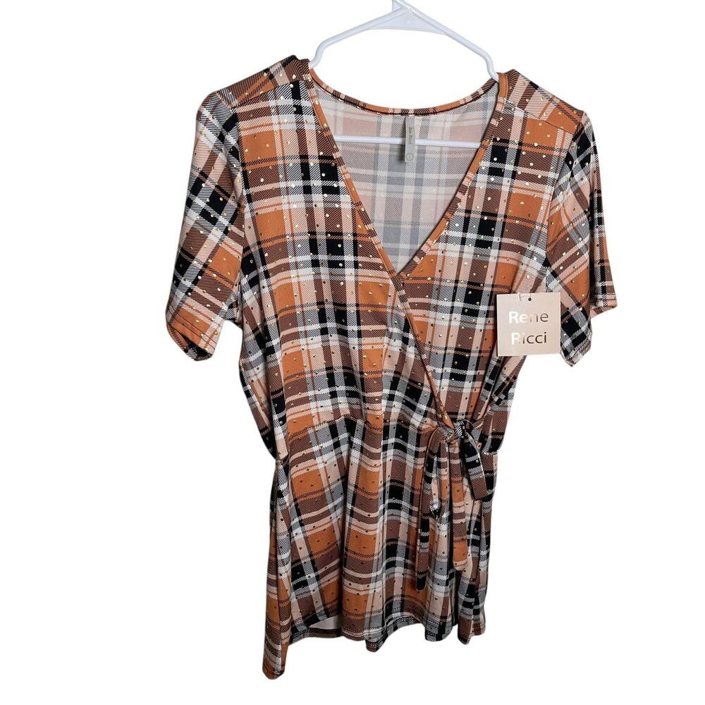 Rene Ricci Blouse Women's Large Plaid Metallic V-Neck Wrap Shirt Casual NWT